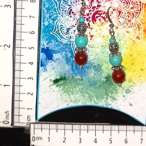 CARNELIAN EARRINGS, MAGNESITE, SILVERY BALI-BEADS - Picture 6 of 6